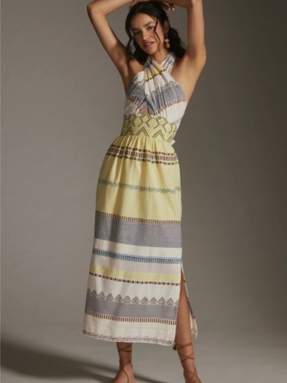 Anthropologie Verb Striped Halter Maxi Dress in Yellow and Gray